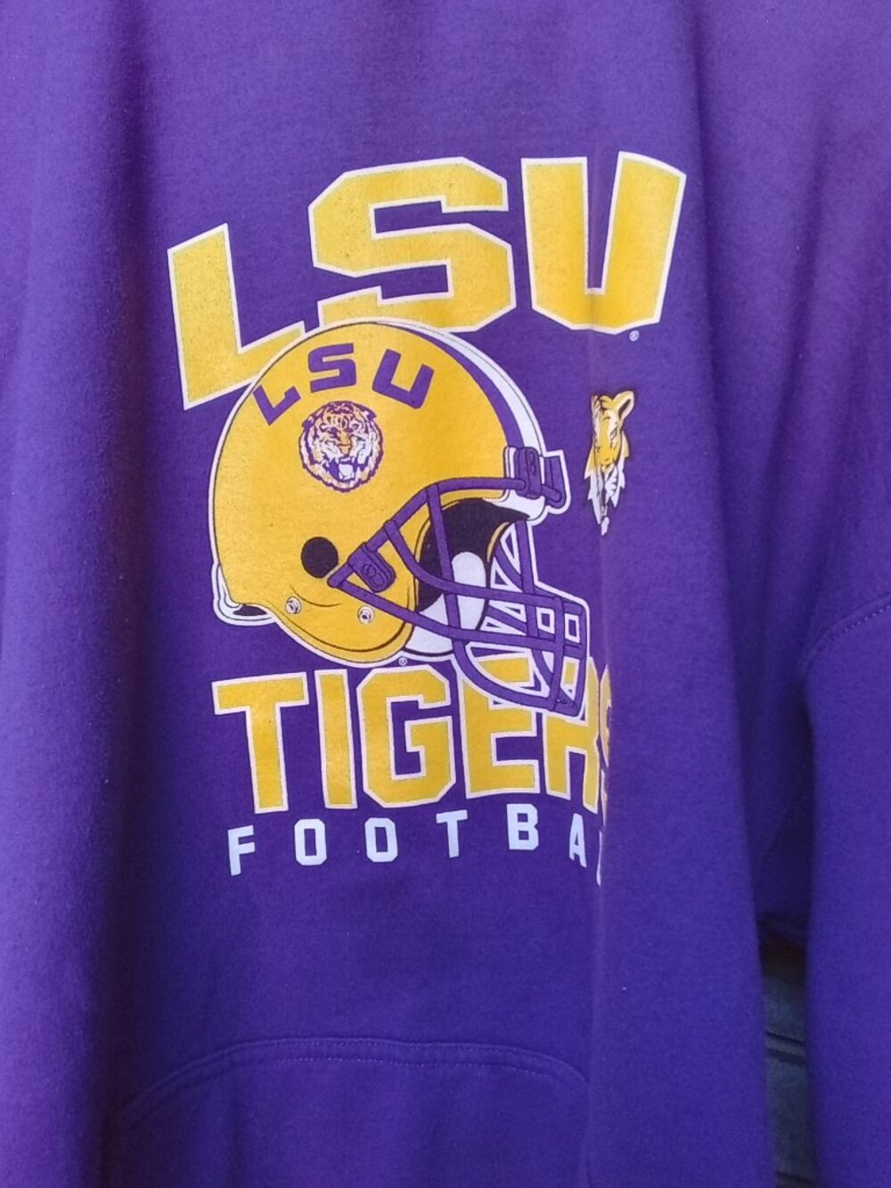 The product is a purple LSU Tigers football hoodiel